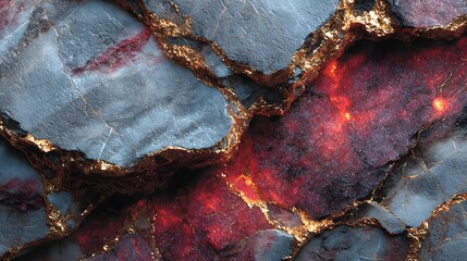 Obraz premium Volcanic obsidian-inspired marble with fiery red, black, and copper veins, highly reflective surface, dramatic lighting, photorealistic stone texture