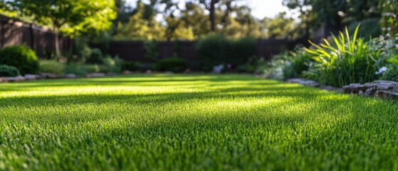 Obraz premium Low Angle View of Lush Green Lawn in Backyard Garden on Sunny Day Landscape with Healthy Grass and Plants