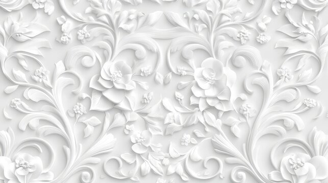 Elegant white floral 3D embossed pattern background texture.