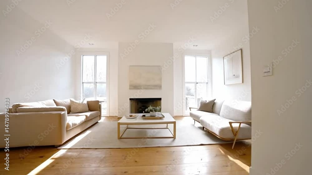 Poster A spacious living room features large windows allowing abundant natural light to illuminate the space. Comfortable sofas, a simple coffee table, and minimalist decor create a serene atmosphere.