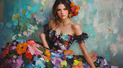 Portrait of a Woman in a Colorful Floral Gown