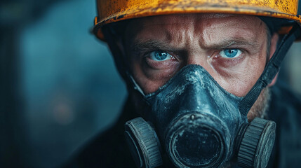 Fototapeta premium Close-up of a man in a yellow construction helmet and gas mask. His blue eyes are intense and focused..