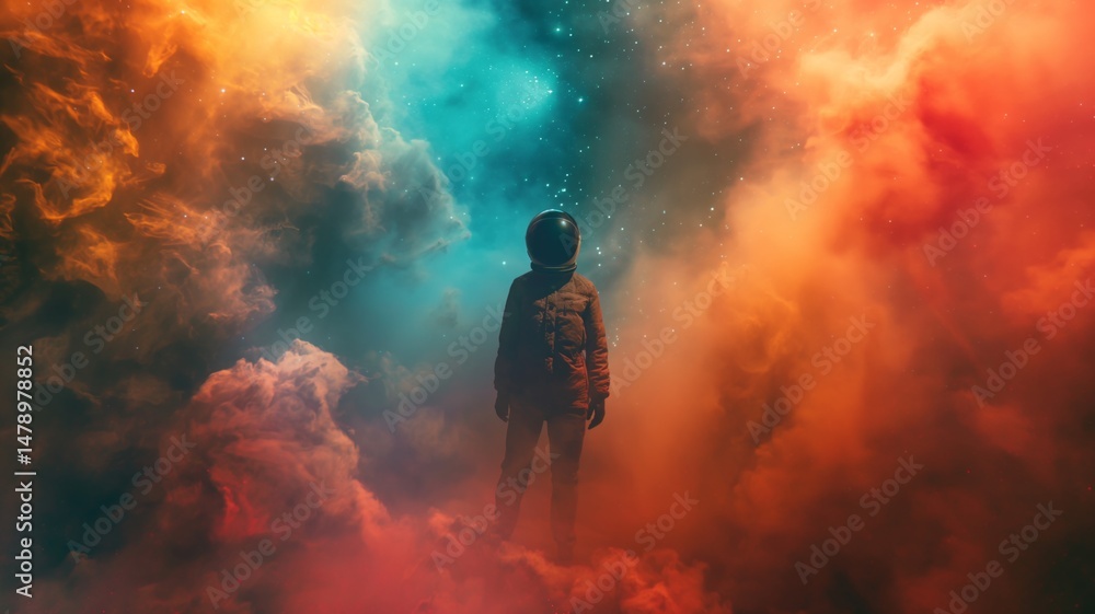Poster cosmic wanderer exploring vibrant nebulas in expansive space during an ethereal journey