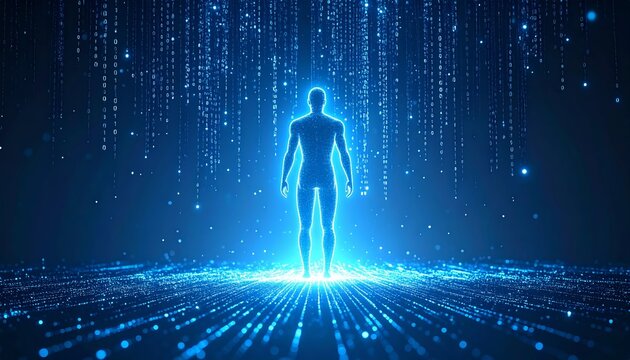 A luminous human figure emerges from a digital rain of binary code