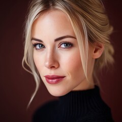Naklejka premium A woman with blonde hair and blue eyes looking at the camera