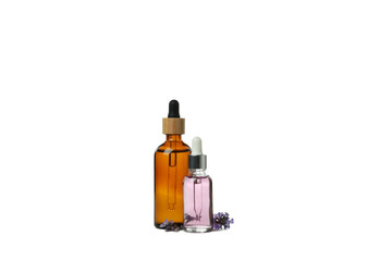 PNG,Lavender oil in bottles with lavender flowers, isolated on white background