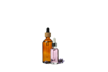 PNG,Lavender oil in bottles with lavender flowers, isolated on white background