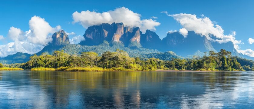 Panoramic View of Tepuis Mountains and River in Canaima National Park Venezuela South America