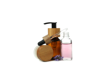 PNG,Lavender oil in bottles with lavender flowers, isolated on white background