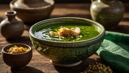 Delicious green soup in a ceramic bowl with toasted garlic on a wooden table
