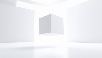 A single white cube floats in a minimalist white room