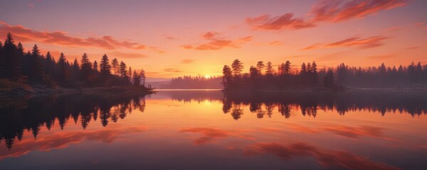Serene sunset paints the calm lake with fiery hues, reflecting tranquility , purple, landscape, rays
