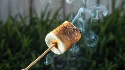 Roasting marshmallow over open flame outdoors with rising smoke