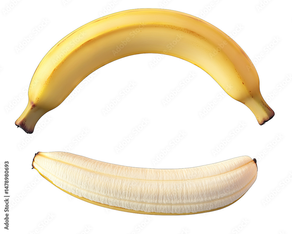 Poster a single whole banana with a peeled banana lying below it both on a transparent background