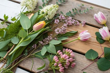 Flat lay spring equinox scene vibrant blossoms seeds leaves nature renewal signs