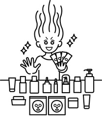 化粧品にお金を注ぎ込む女性のイラスト　線画のみ