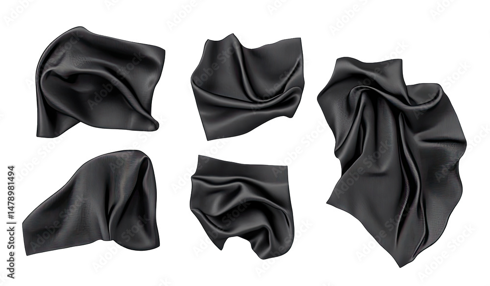 Poster six black fabric swatches isolated on a transparent background each folded and draped in different w
