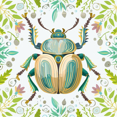 Ornate Scarab Beetle Illustration with Botanical Elements and Transparent Background