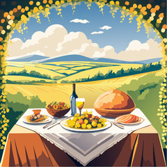 Outdoor Dining with Wine and Food in a Picturesque Landscape