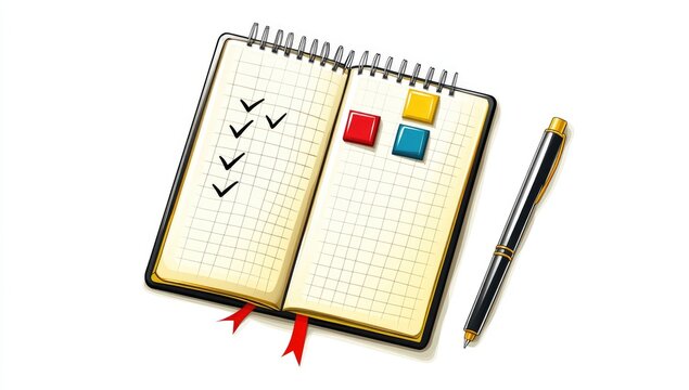 Open spiral-bound notebook with checkmarks, colorful blocks, and pen