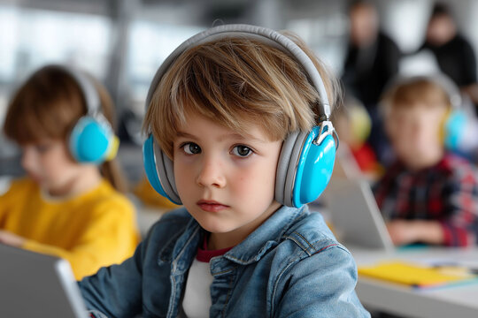 Neurodivergent autism workplace. Cognitive difference awareness. ADHD education. Dyslexia awareness. Neurodevelopment. Focused child wearing headphones for concentration