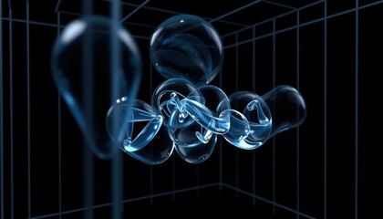 Translucent abstract design featuring fluid shapes, dark background, and blue grid lines evokes modern art and technological innovation
