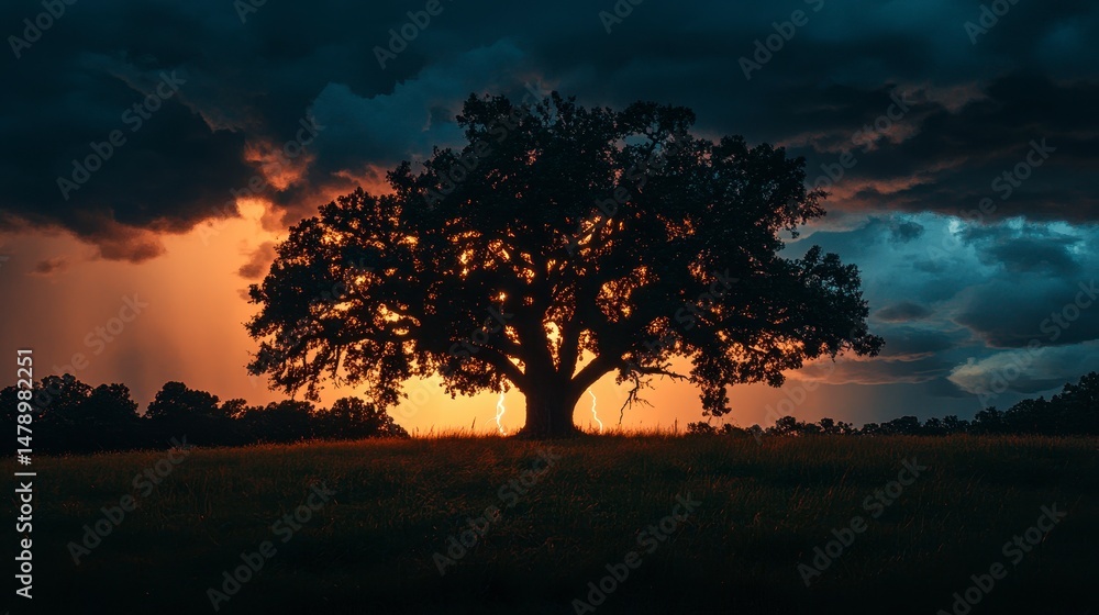 Poster silhouetted tree in a field during a dramatic sunset with lightning.