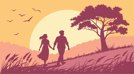"Romantic Couple Silhouette in Tall Grass Field at Sunset – Dreamy Golden Mood with Flying Birds"