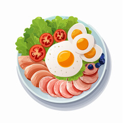 Plate of Healthy Breakfast with Eggs Ham Tomatoes Lettuce and Blueberries