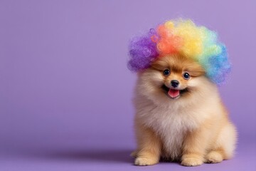 Obraz premium Pomeranian Dog Wearing Rainbow Wig
