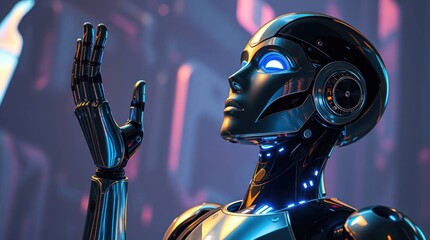 Futuristic cyborg gazes upwards luminous eyes