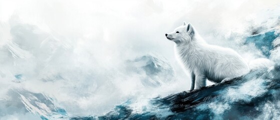 Fototapeta premium Arctic Fox Portrait in Winter Landscape Digital Art Illustration with Snow Mountains and Misty Sky Profile View