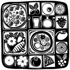 Italian food icons, pizza, pasta, lemons, tomatoes, red wine, herbs, leaves, seafood, fruits, vegetables, colorful, bright, hand-drawn, whimsical, digital illustration
