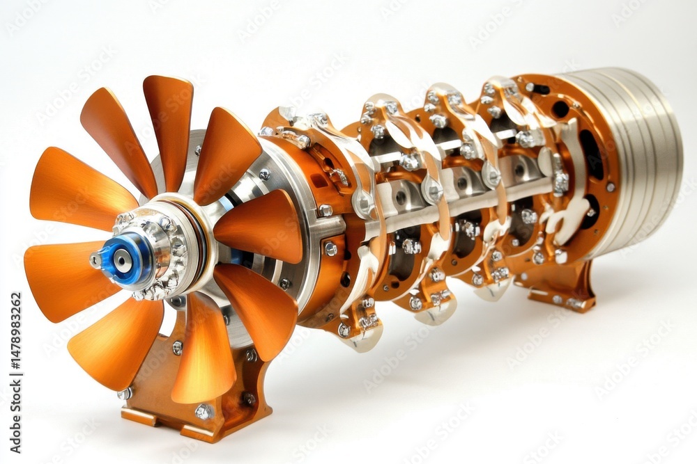 Poster engineering marvel close up showcasing intricate design of a turbine engine component on white backg