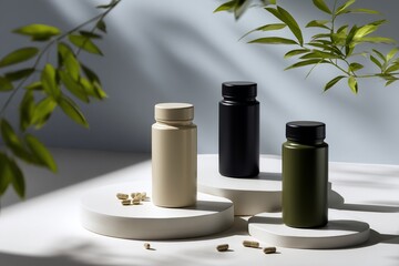 Three supplement bottles, beige, black, and green, sit on tiered white platforms. Natural light and greenery create a healthy, modern aesthetic