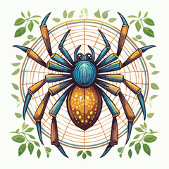 Stylized Spider Illustration with Web and Leaf Accents