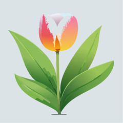 Stylized White Tulip Flower with Green Leaves Illustration