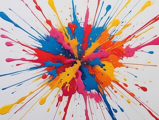 Explosion of vibrant paint splashes on white background captured in dynamic motion, showcasing an abstract burst of colorful energy perfect for creative design and artistic projects

