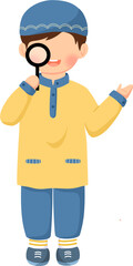 muslim boy student with magnifying glass illustration