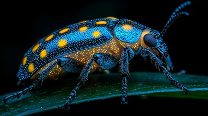 Naklejka premium Glowing blue beetle with yellow spots on leaf.