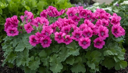Fototapeta premium Vibrant cluster of pink flowers and lush green foliage.