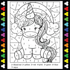 Simple unicorn color-by-number coloring book for kids