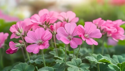 Fototapeta premium Delicate cluster of vibrant pink flowers in a garden setting.