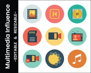 Media Elements Icon Set Featuring Film,Music,Camera,And Television Isolated On White Background