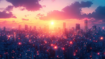 Obraz premium Cityscape at Sunset: A Vibrant Metropolis