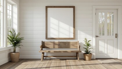 Rustic Farmhouse Entryway with Wooden Bench and Large Frame