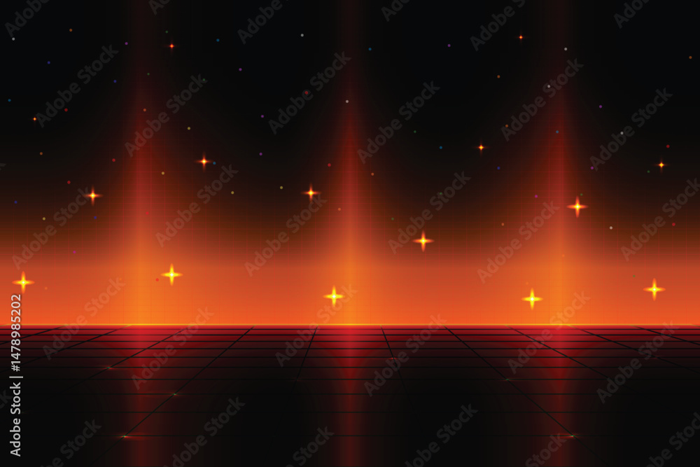 Wall mural retro cyberpunk pixel art game scene from the 80s. dark orange 8-bit sci-fi background. glowing neon
