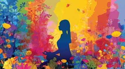 Colorful silhouette of woman meditating among vibrant flowers in nature scene. March 8, International Women's Day. Mother's Day. High quality