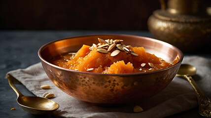Delicious Indian dessert called Halwa served in a copper bowl, close up shot