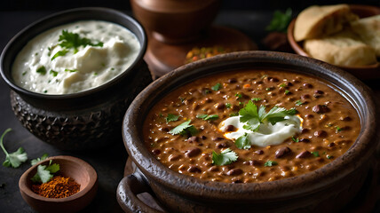 Delicious Indian Dal Makhani with Yogurt and Spices in a Rustic Ceramic Bowl